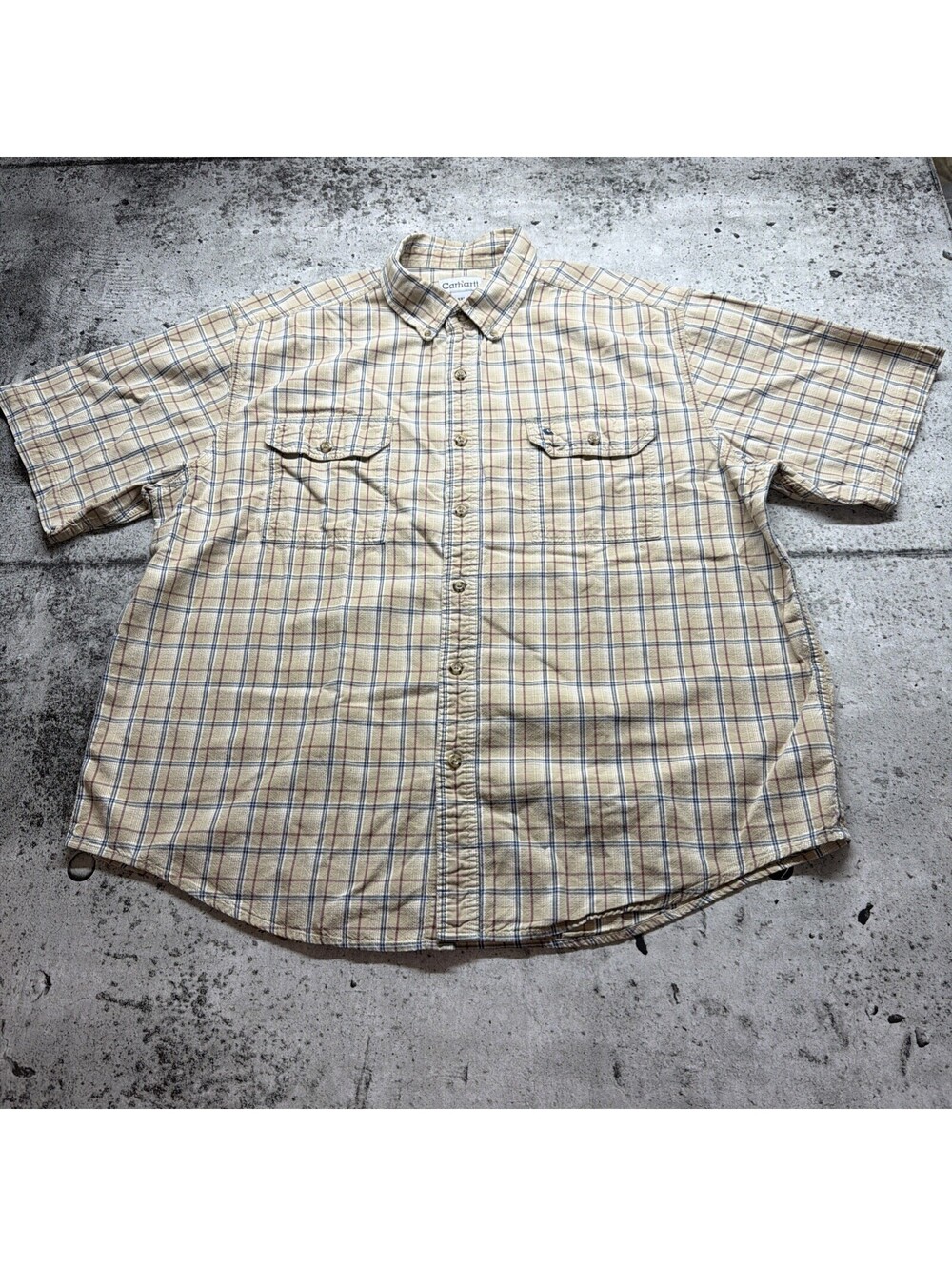 Vtg Carhartt Mens XXL Work Shirt Flex Plaid Short Sleeve Rugged Wheat/Tan/Brown